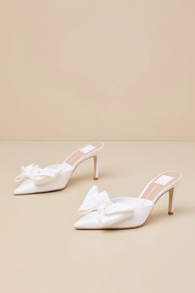 Kayli Vanilla Pearls Bow Pointed-Toe Mule Pumps | Lulus