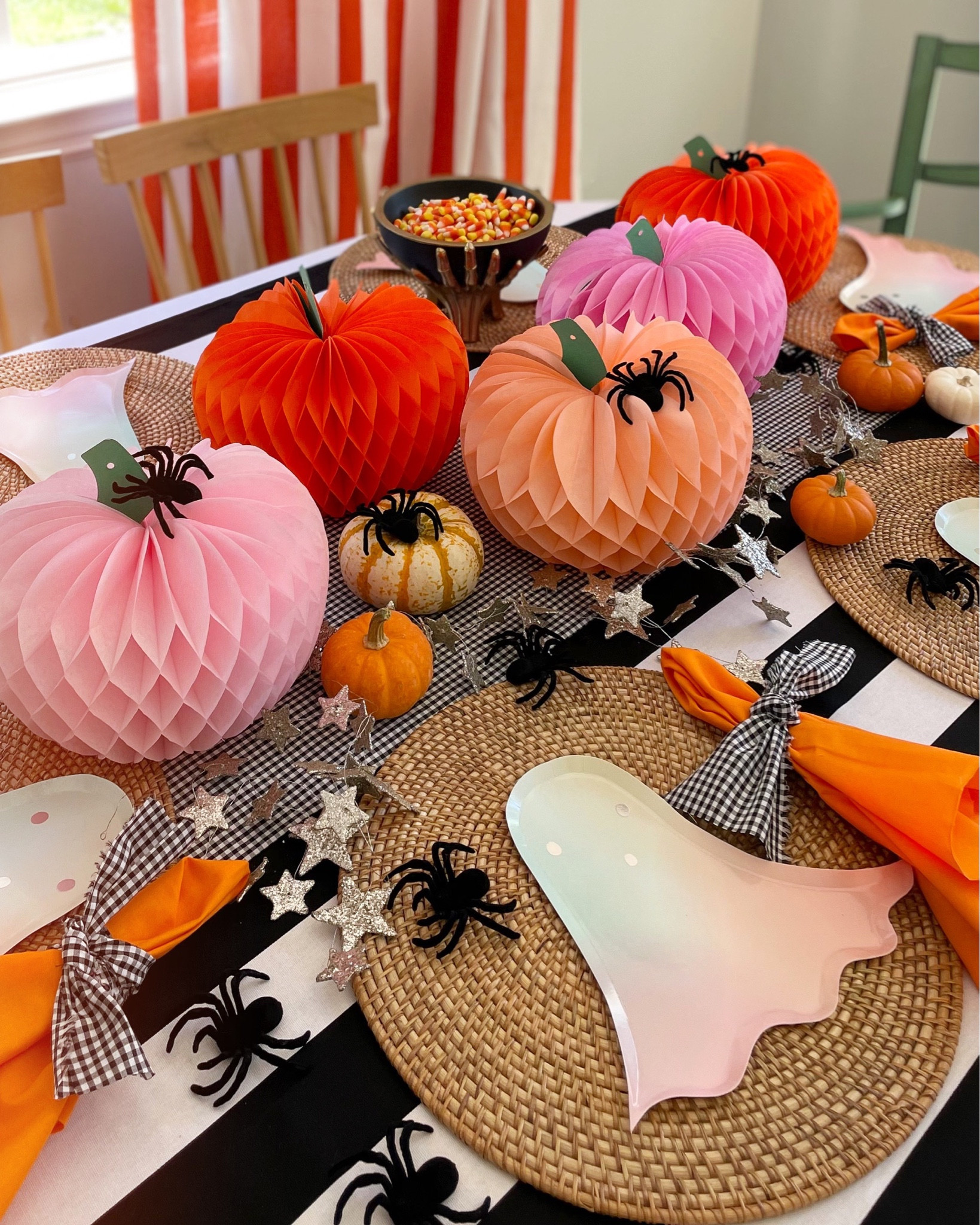 When I’m hunting for the perfect table linens for holiday table idea, I often use a fun little #DIY trick to get exactly the look what I’m going for - fabric-by-the-yard and a handmade touch! I pulled lots of the @inawaverlyworld Waverly Inspirations line of fabrics in various orange and black patterns to create a festive, layered, and unique tablescape for Halloween! I draped orange striped fabric for a bold backdrop, used striped and gingham patterns for a tablecloth and runner, and even cut no-sew table napkins out of pumpkin orange fabric and used some of the gingham scraps to make rustic napkins for a festive and spooky table setting! PS: you can find the @inawaverlyworld Inspiration line exclusively at @walmart!  #ad #WaverlyInspirations #InAWaverlyWorld #WelcomeMakers #DomestikateDIY

#LTKSeasonal #LTKHalloween #LTKhome