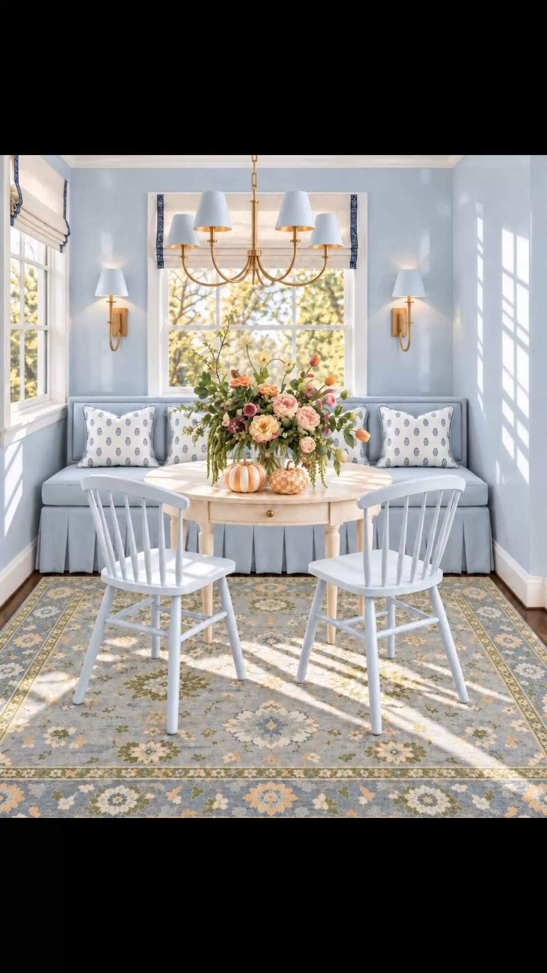 Coastal chic meets fall decor! 🍂🩵 Who says fall has to be all warm, earthy tones? I love how soft powder blue creates a fresh, airy backdrop, while touches of burgundy, peach, and orange bring autumn warmth without losing that coastal charm.

The Beach House expandable table features a gorgeous saltwashed oak finish, elegant tapered legs, and charming drawers with brass pulls—perfect for everyday dining and gatherings.

I’m especially in love with the tailored, skirted dining bench with contrast piping! The elegant brass chandelier and matching wall sconces add sophistication, while the hand-knotted floral rug brings beautiful texture and ties the entire color palette together.

A few playful pumpkins and an organic fall flower arrangement complete this cozy yet refined kitchen nook. ✨

Shop the look on my LTK!

🍂 Serena & Lily Fall Design Event: Enjoy 20% off everything, or 25% off + FREE shipping on orders of $2,500 or more! Some exclusions apply.

#LTKHome #LTKSeasonal #LTKSaleAlert #FallDecor #CoastalChic #CoastalFallDecor #KitchenNook #DiningNook #BreakfastNook #CoastalInteriors #FallHomeDecor #DiningRoomDesign #DiningTable #ExpandableDiningTable #DiningBench #SkirtedBench #HandKnottedRug #AreaRug #Chandelier #WallSconces #RomanShades #ThrowPillows #FlowerArrangement #PumpkinDecor #FallColorPalette #ModernClassic #InteriorDesign #HomeDecor