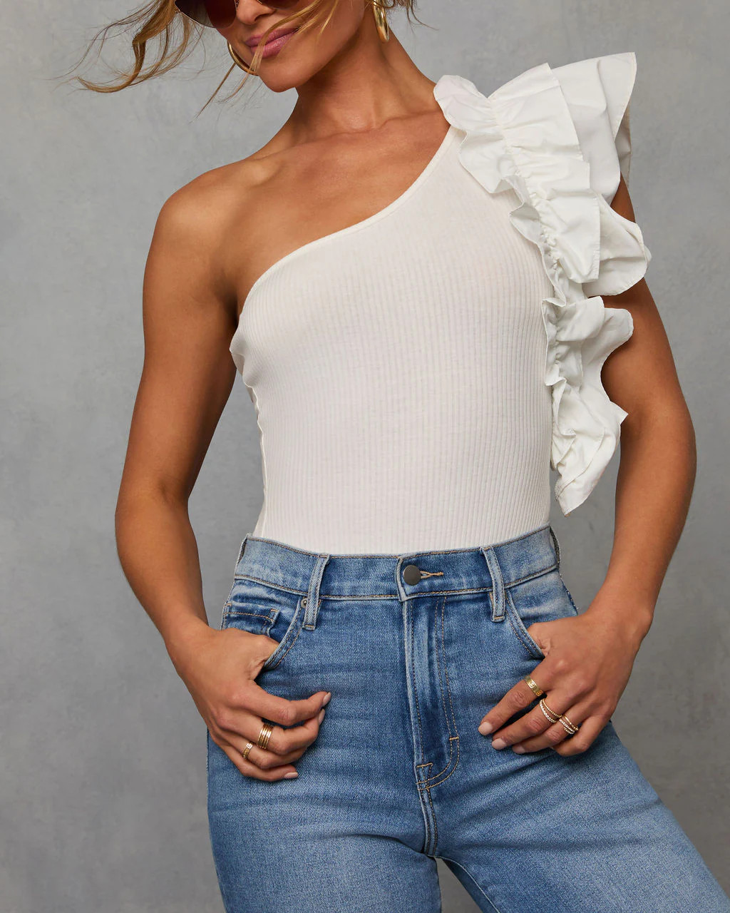 Statement Maker Ribbed One Shoulder Ruffle Bodysuit | VICI