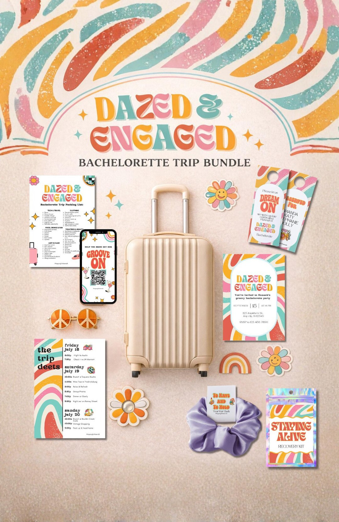 Dazed and Engaged Retro Bachelorette Trip Printables, 70s Theme Party (Digital Download) | Etsy (US)