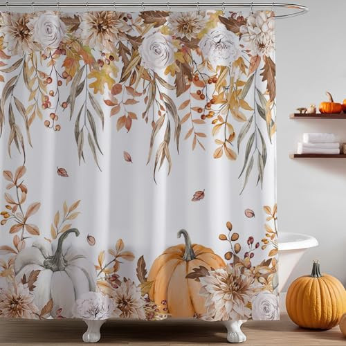Mocsicka Fall Shower Curtains for Bathroom, Thanksgiving Pumpkins Autumn Leaves Shower Curtain Set with Hooks, Waterproof Fabric Fall Bathroom Decor Accessories (Orange, 71x71 inch) | Amazon (US)