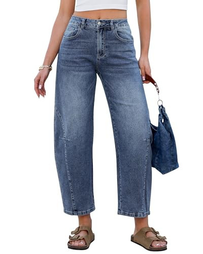 GRAPENT Pants for Women Womens Baggy Jeans Barrel Wide Leg High Waisted Ladies para Mujer Barrel Jeans Cropped Denim Pants, Dark Ocean Blue, L, US Size 12 to 14 | Amazon (US)