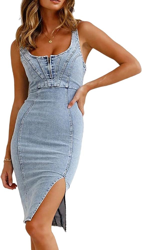 SEMATOMALA Women's Scoop Neck Zip Up Denim Midi Tank Dress Strap Slit Bodycon Stretchy Sleeveless... | Amazon (US)