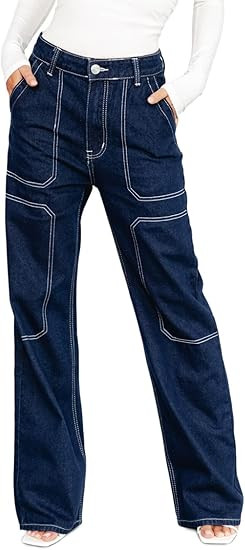 Dokotoo Women's Casual Mid Waist Cargo Jeans Stretch Wide Leg Denim Pants with Pockets | Amazon (US)