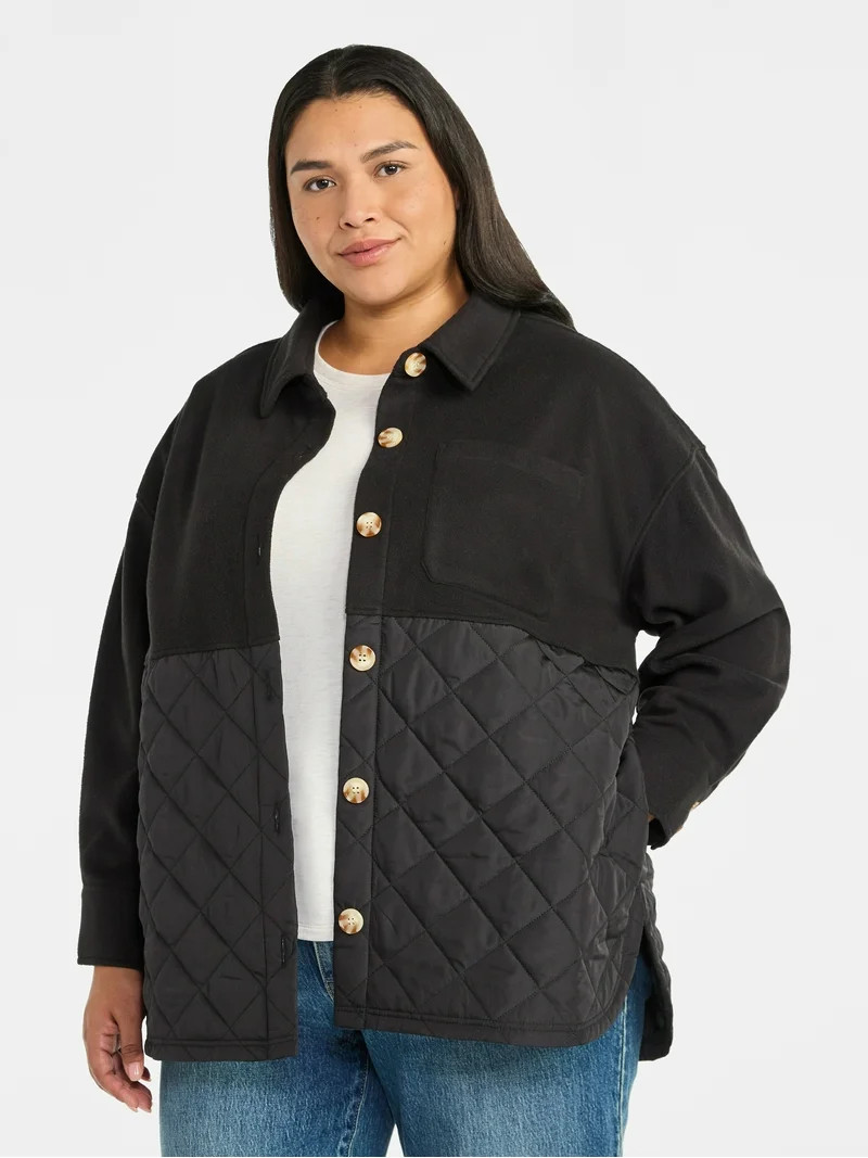 Terra & Sky Women's Plus Size Quilt Mix Button Front Shacket with Long Sleeves, Sizes 1X-5X | Walmart (US)