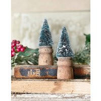 Christmas Bottle Brush Tree Raw Salvaged Wood Base Green Mini White Flocked Vintage Antique Architec | Etsy (US)