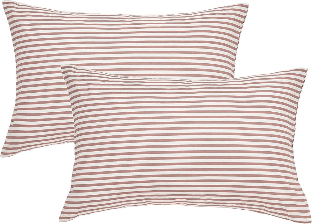 JELLYMONI 100% Natural Cotton Striped King Pillowcases Set, 2 Pack White and Pink Stripes Pattern... | Amazon (US)