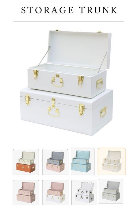 Metal storage trunk for baby and bridal keepsakes, available in several colors 