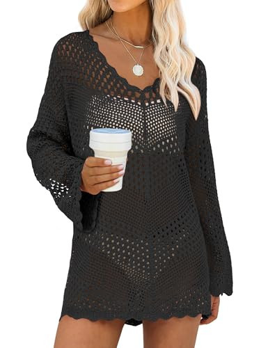 ANRABESS Swimsuit Cover Up for Women Crochet Bathing Suit Summer Swimwear V Neck Mesh Knit Dress 2026 Beach Vacation Clothes Black Large | Amazon (US)