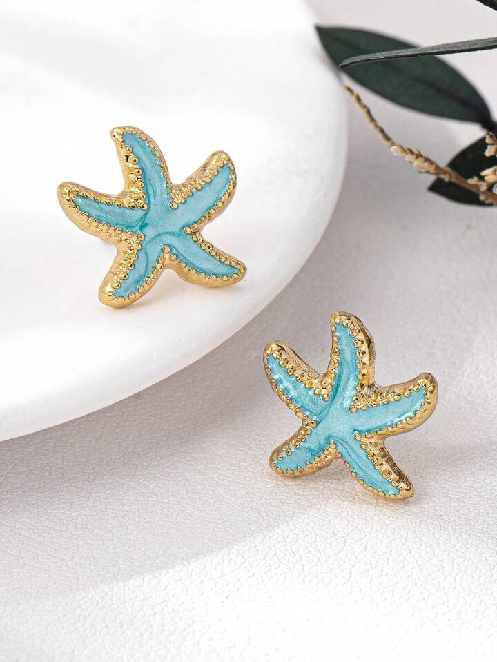 1 Pair Fashion 3D Alloy Colorful Pearl Coated Starfish Stud Earrings | SHEIN