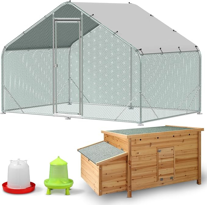 Metal Chicken Coop with Hen House & Feed Bucket, Walk-in Poultry Cage Chicken Runs for Yard, Chic... | Amazon (US)