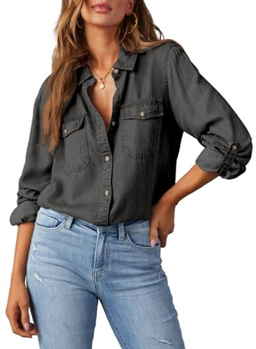 Astylish Womens Denim Button Up Shirts Blouse V Neck Lightweight Long Sleeve Soft Jean Shirts Medium Grey Medium | Amazon (US)