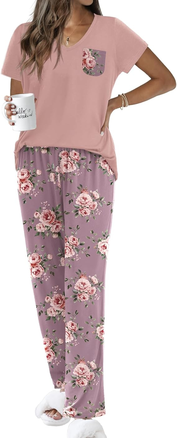 Ekouaer Pajama Sets for Women Short Sleeve Pj Set V Neck Sleepwear Chest Pocket with Long Pants C... | Amazon (US)