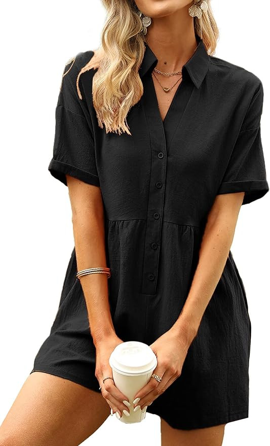 DEEP SELF Women's Summer Casual Short Sleeve Button Down Shorts Rompers V Neck Collared Jumpsuit ... | Amazon (US)