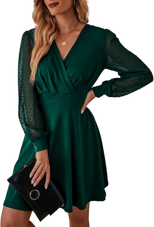 Dokuritu Women Fashion Wrap V Neck Short Dress Swiss Dot Long Lantern Sleeve Retro Mini Elastic Wais | Amazon (US)