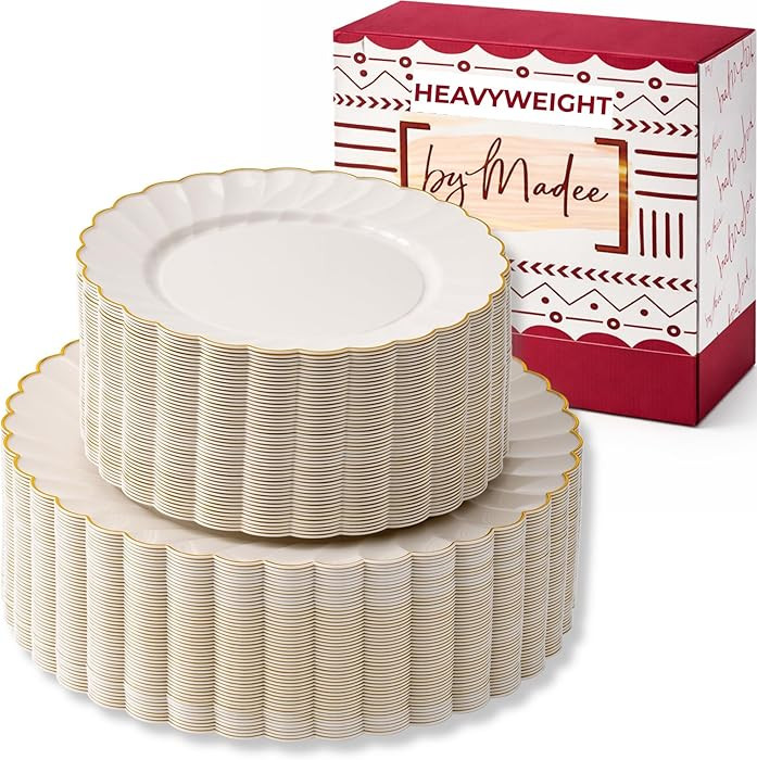 HEAVYWEIGHT 100 Pc Scalloped Ivory Gold Plastic Plates for Party | 50 Dinner & 50 Dessert Plates ... | Amazon (US)