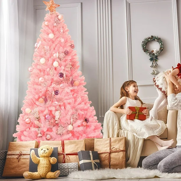 Costway 7.5Ft Hinged Artificial Christmas Tree Full Fir Tree New PVC w/ Metal Stand Pink - Walmar... | Walmart (US)