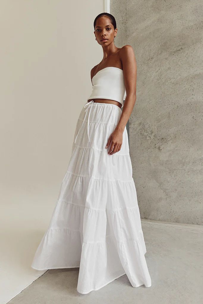 ARI WHITE LINEN TIERED MAXI SKIRT | DISSH