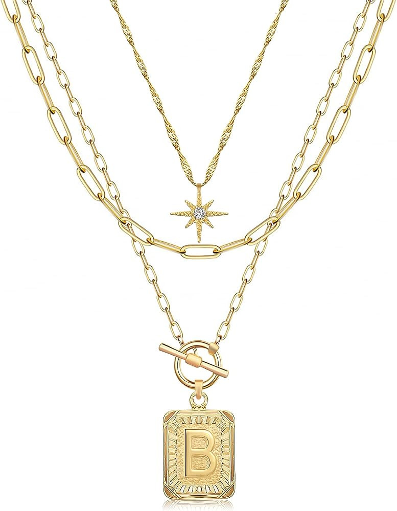 MJartoria Layered Initial Necklaces for Women Trendy, 14K Gold Plated Simple Star Choker Square L... | Amazon (US)