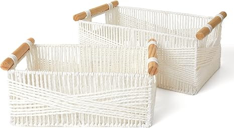 LA JOLIE MUSE Wicker Storage Baskets for Organizing, Recyclable Paper Rope Basket with Wood Handl... | Amazon (US)