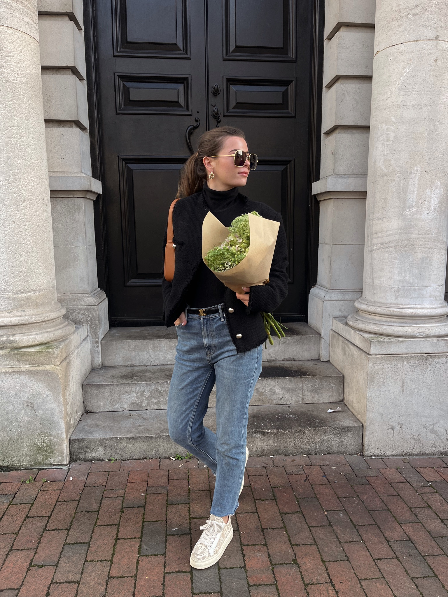 Turtleneck jumper, tweed jacket, blue jeans, trainers, shoulder bag, sunglasses gold rimmed, hoop earrings black belt

#LTKstyletip #LTKSeasonal #LTKeurope
