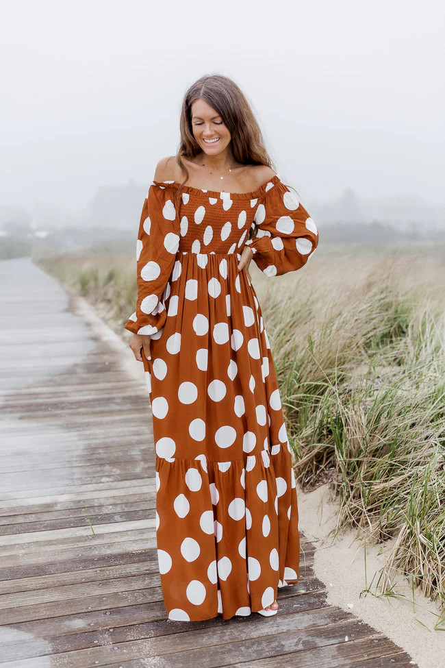 CAITLIN COVINGTON X PINK LILY Bluff Walk Brown Polka Dot Off The Shoulder Maxi Dress FINAL SALE | Pink Lily
