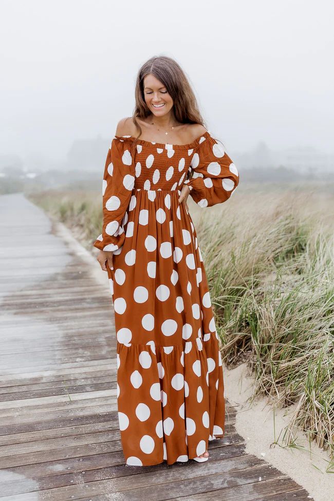 CAITLIN COVINGTON X PINK LILY Bluff Walk Brown Polka Dot Off The Shoulder Maxi Dress FINAL SALE | Pink Lily