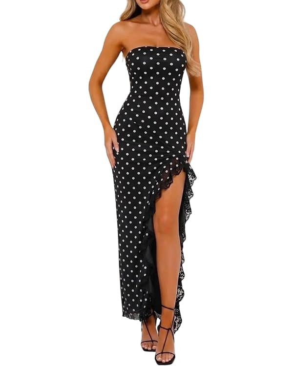 ABMOIU Women's Tube Maxi Dress Strapless Lace Trim High Slit Party Club | Printed bodycon fit wit... | Amazon (US)