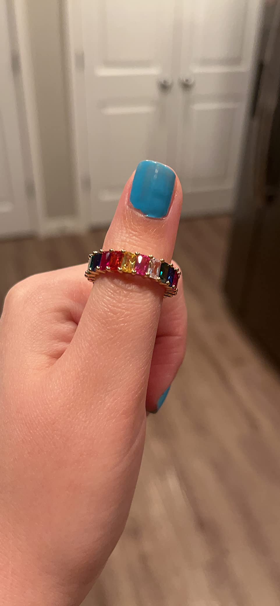 Eternity Rainbow Ring Wedding Band for Women | 18K Gold Plated Emerald-Cut Rainbow Multi Color Cr... | Amazon (US)