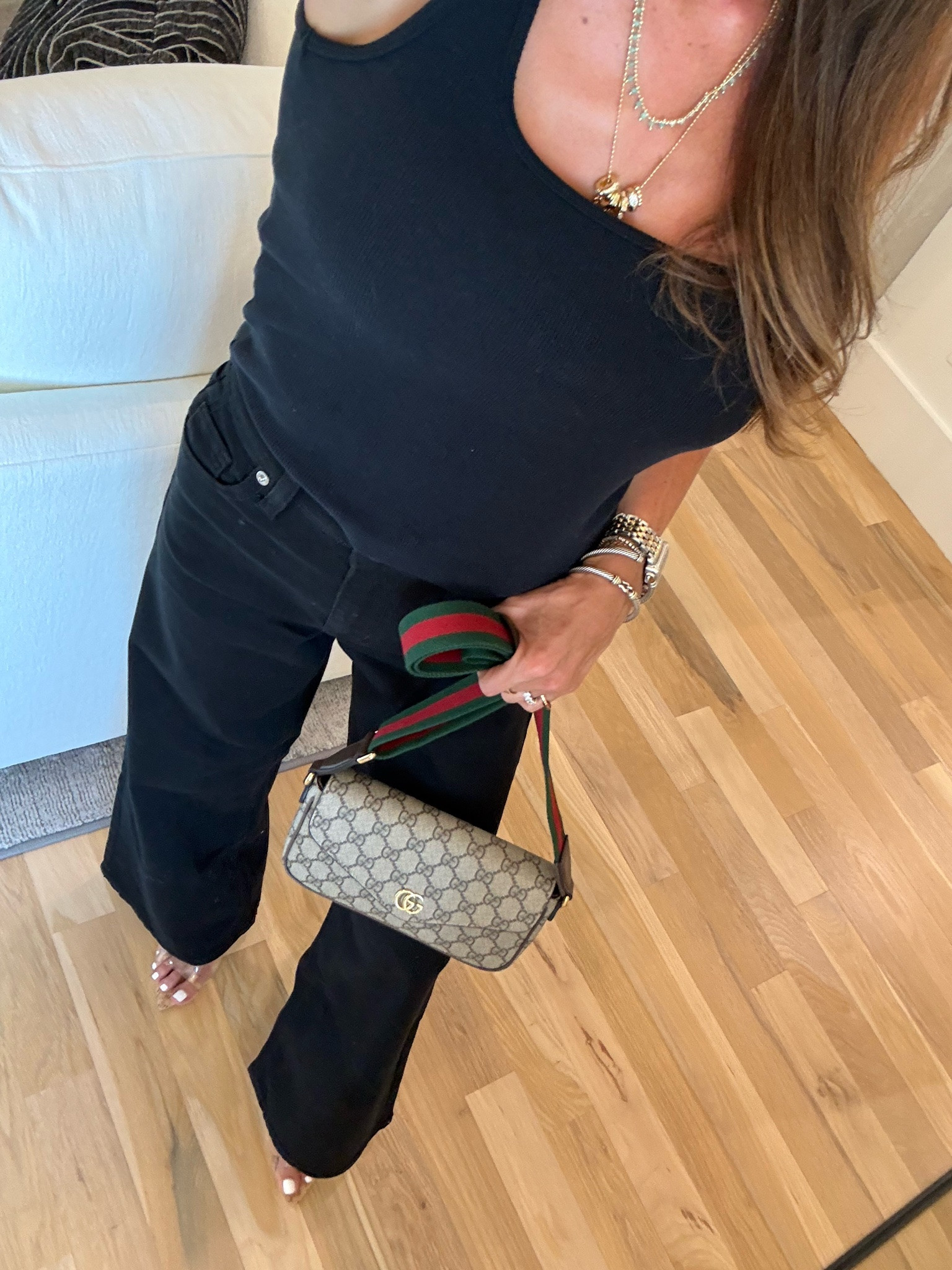 Black wide leg stretchy jean size 00s on sale black tank xs gucci purse  everyday outfit

#LTKSaleAlert #LTKPetite