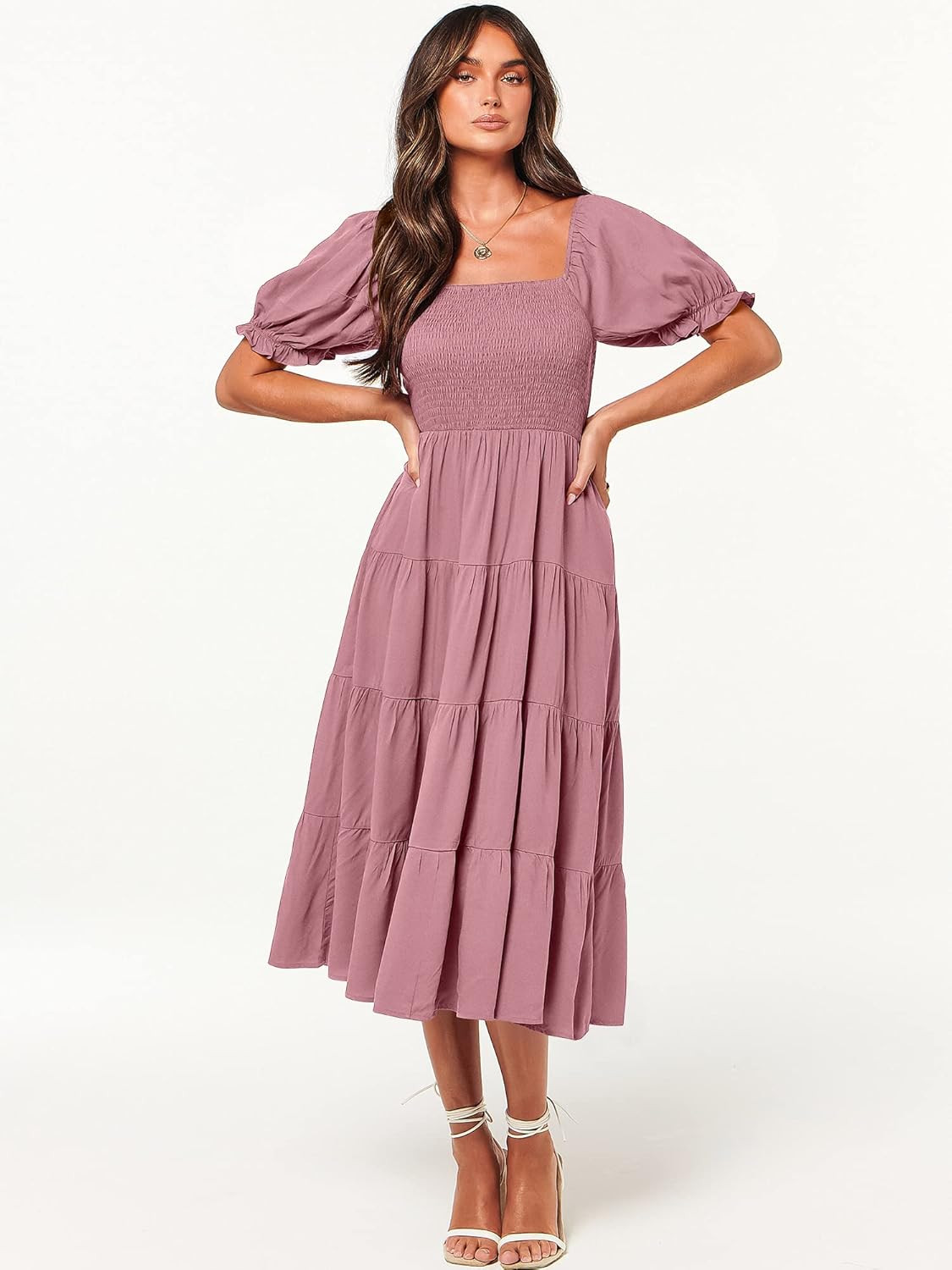 ANRABESS Women's Casual 2024 Summer Midi Dress Puff Short Sleeve Square Neck Smocked Tiered Boho ... | Amazon (US)