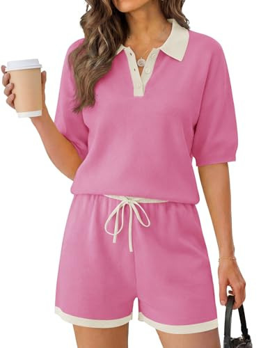 Tankaneo Womens 2 Piece Sweater Short Sets 2026 Summer Vacation Outfits Short Sleeve Knit Collared Tops Matching Lounge Set | Amazon (US)