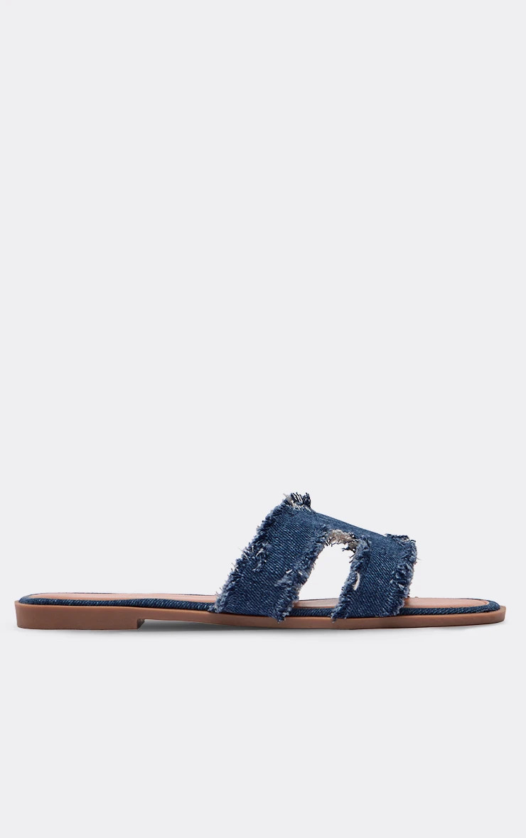 Elsa Frayed Hem Detail Cut Out Flat Slider Sandal In Dark Blue Denim | EGO Shoes (US & Canada)