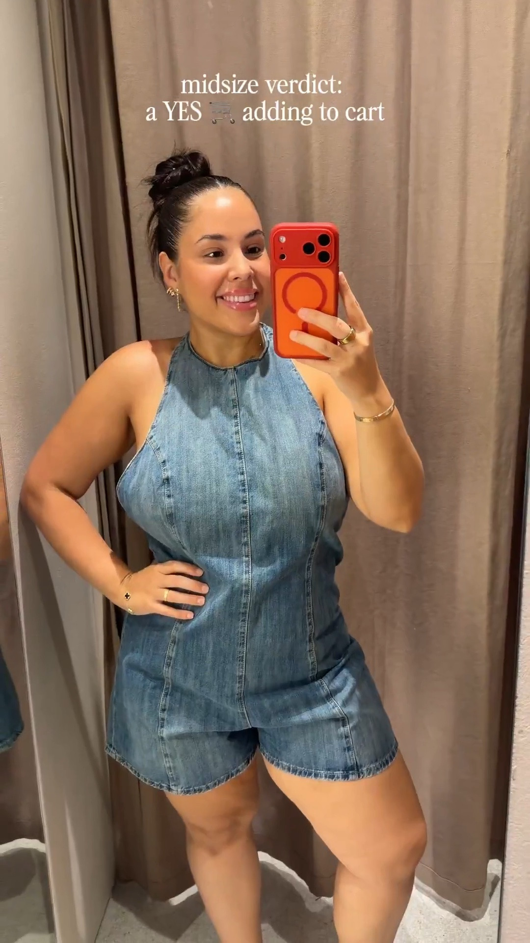 the denim romper that passed the chest test AND the booty test 🤍 halter neck holds everything, structured through the waist, no gaping. midsize verdict: a yes 🛒  wearing size XL

#LTKootd #LTKgrwm #LTKMidsize