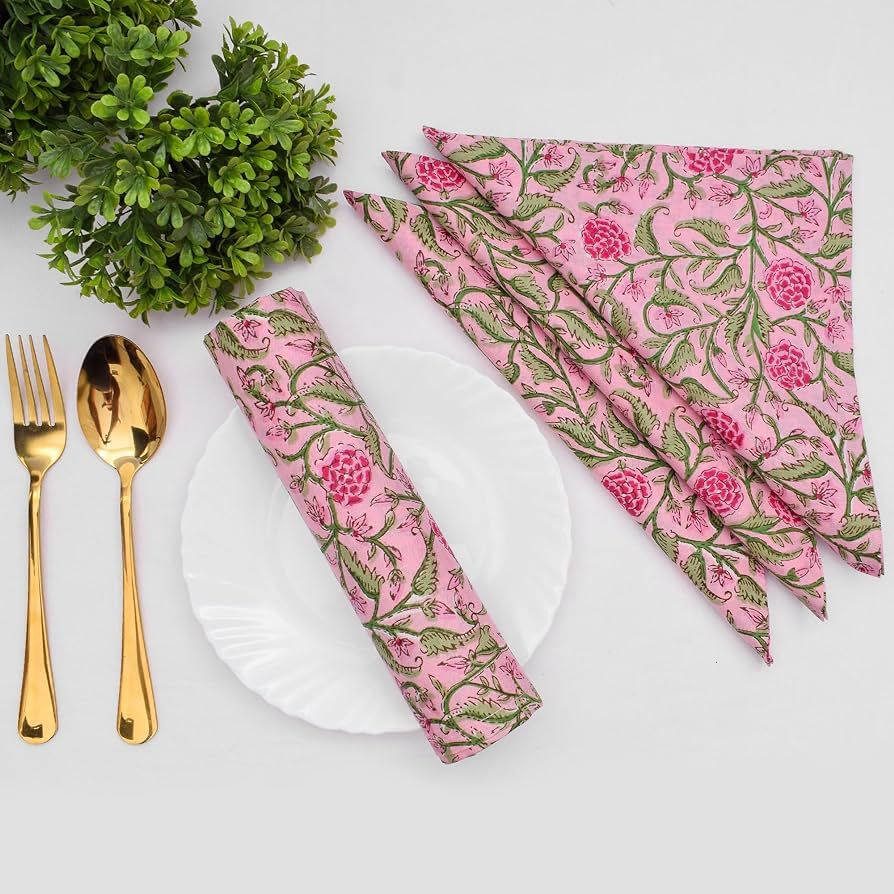 DECOWAT Baby Pink and Basil Green Floral Hand Block Print 100% Cotton Linen Printed Dinner Napkin... | Amazon (US)