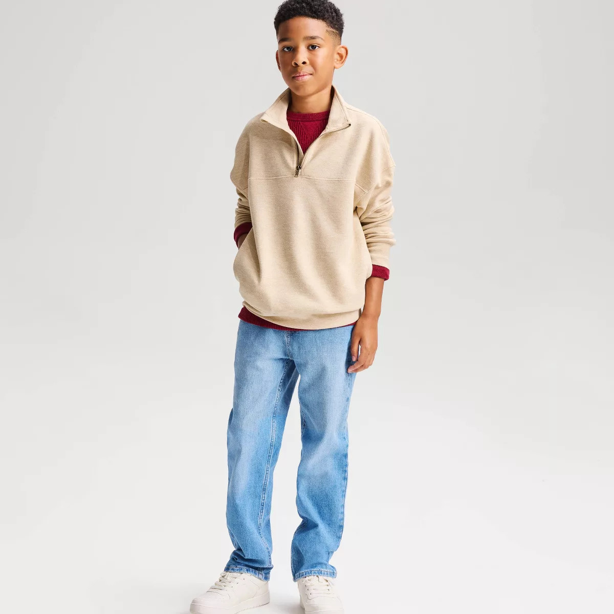 Boys' French Terry Relaxed Fit Quarter Zip Sweatshirt - Cat & Jack\u2122 Tan M | Target