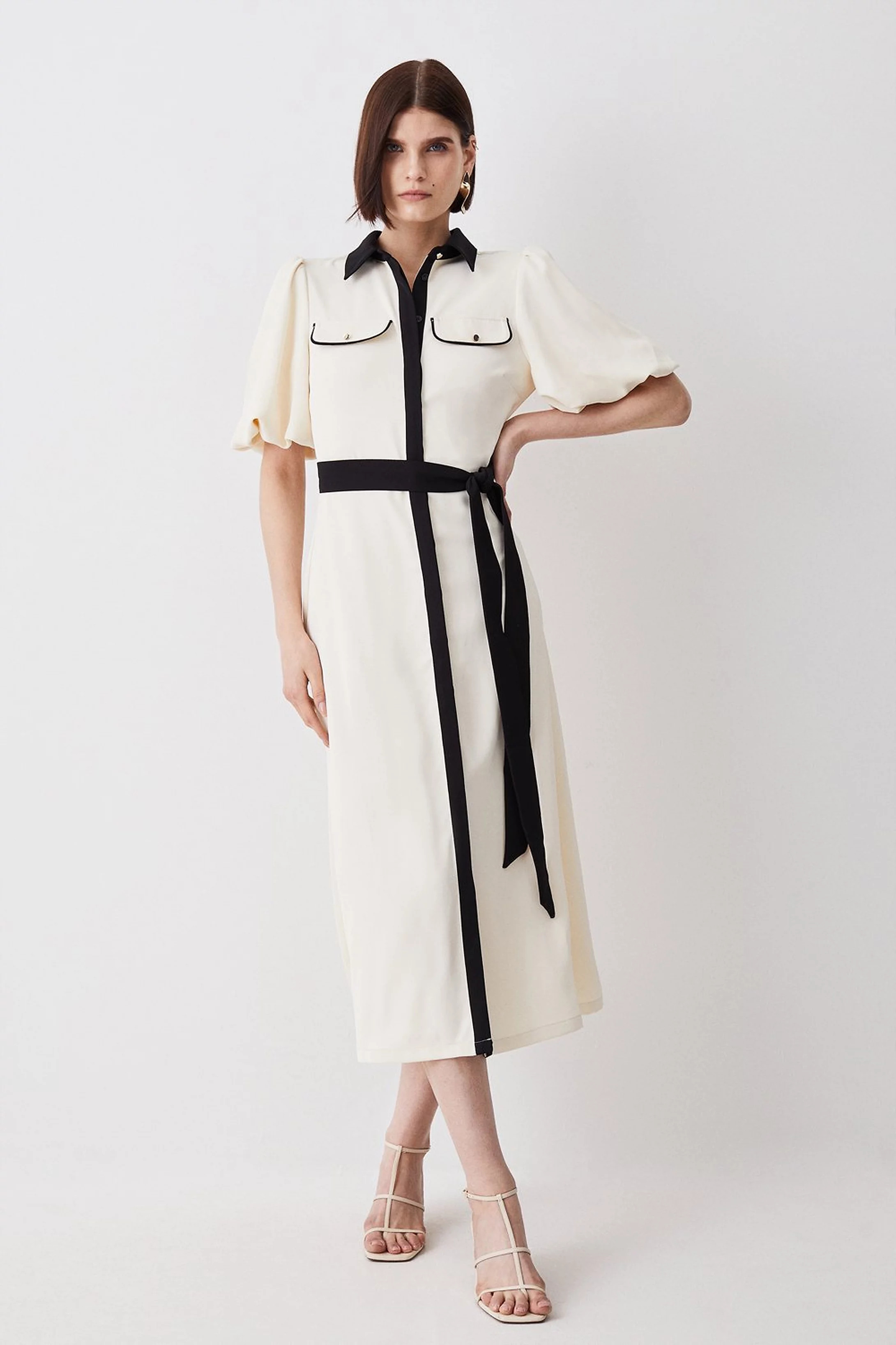 Belted Twill Short Sleeve Midi Dress | Karen Millen US