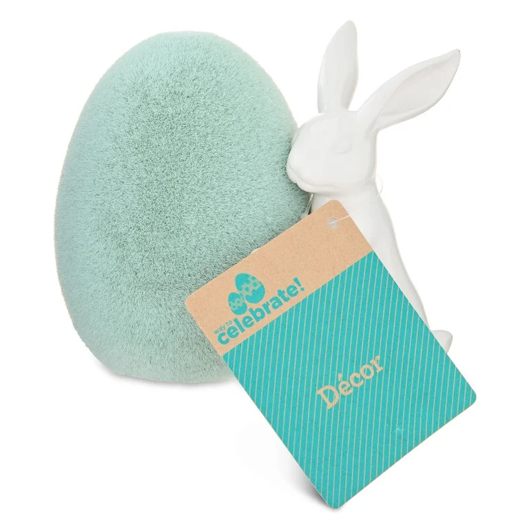 Bunny with Flocked Egg Tabletop Decoration, Green and White, 4", Easter by Way To Celebrate | Walmart (US)