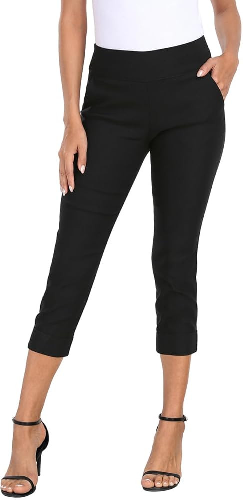 HDE Pull On Capri Pants for Women 21" Inseam Cropped Office Pants with Pockets | Amazon (US)