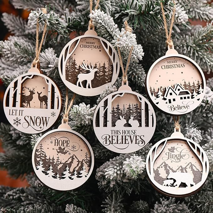 6 Pcs Christmas Tree Decorations Ornaments Wooden Christmas Hanging Ornaments Rustic Hollow Woodl... | Amazon (US)