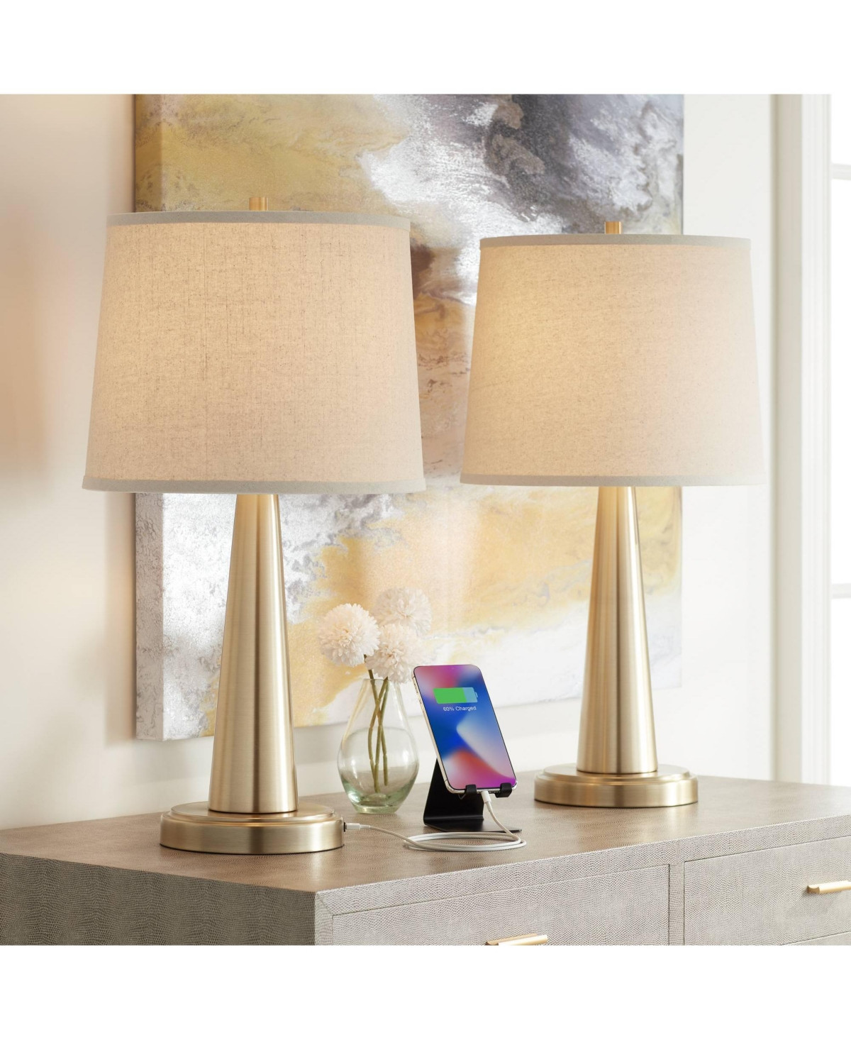 360 Lighting Modern Table Lamps 25" High Set of 2 with Usb Charging Port Brass Metal Beige Drum Shade for Bedroom Living Room House Desk Bedside | Macy's