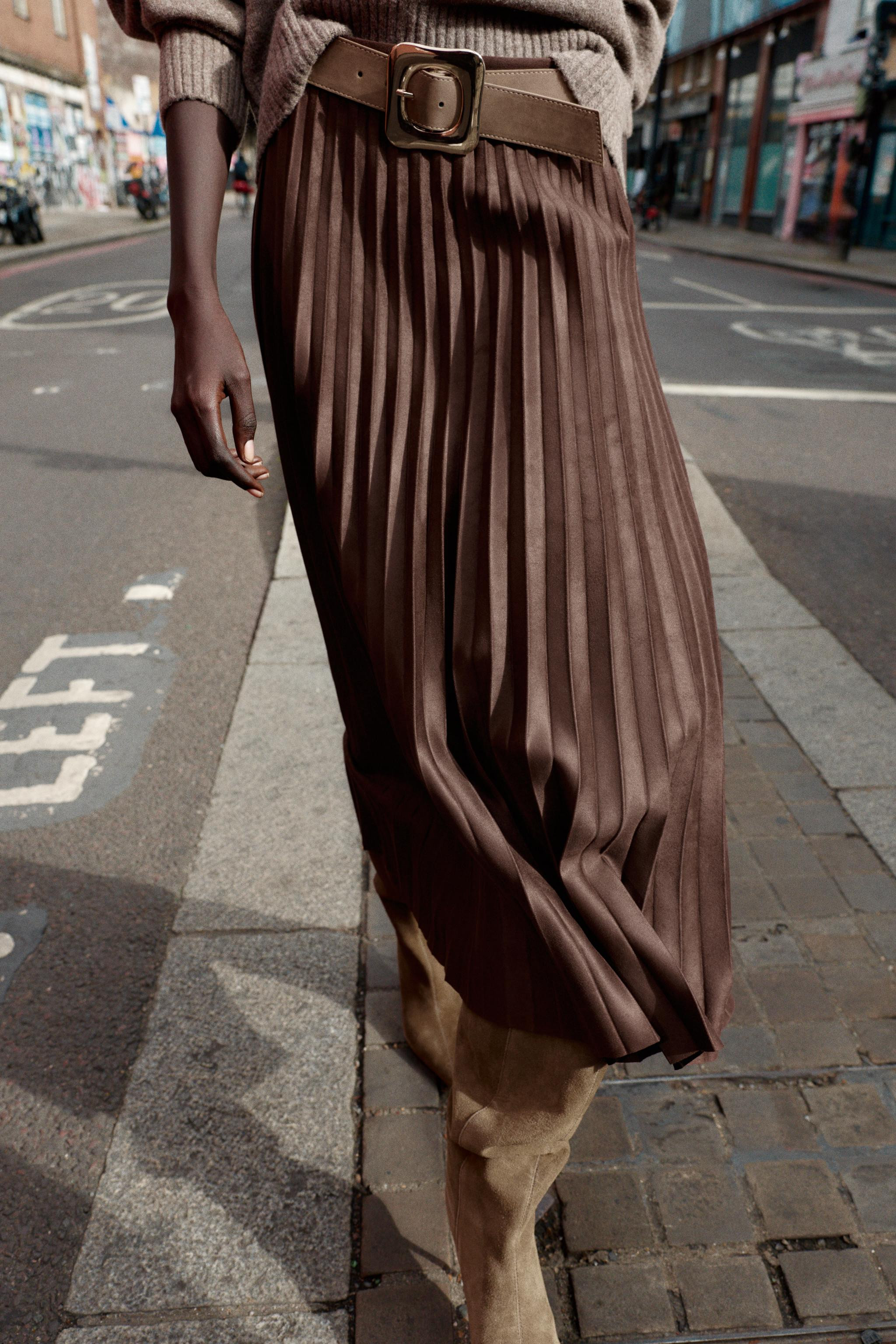 BELTED FAUX SUEDE EFFECT PLEATED MIDI SKIRT | Zara UK