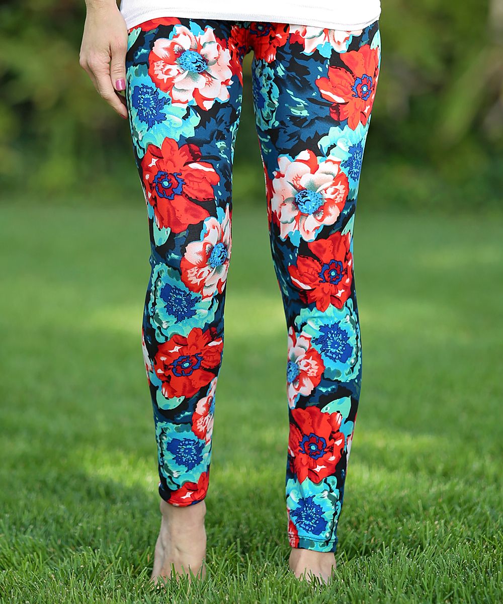 Navy & Red Floral Leggings - Women | zulily