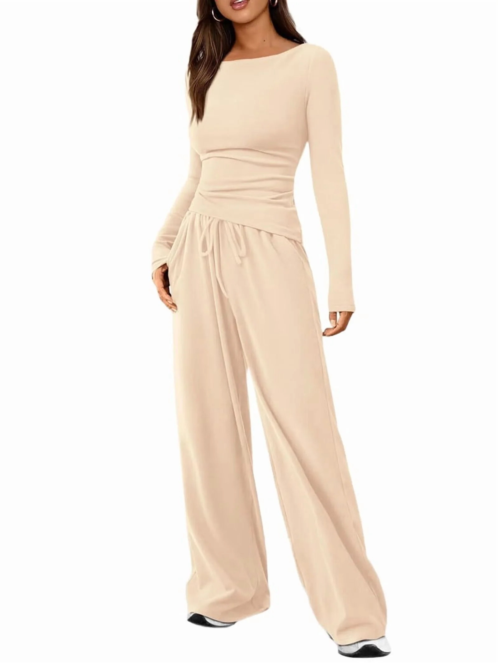 Women'S 2 Piece Lounge Sets Asymmetrical Long Sleeve T Shirt Wide Leg Pants Casual Outfits Tracks... | Walmart (US)