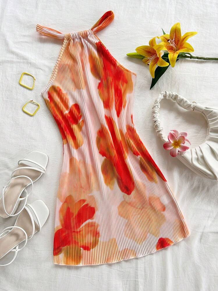 Floral Ruched Halter Mini Dress | SHEIN
