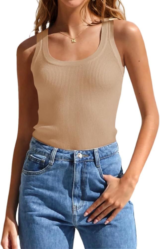 Women Tank Tops Summer Sleeveless: Basic Cami Top Shirt Slim Knit Ribbed Thick Strap Blouses | Amazon (US)