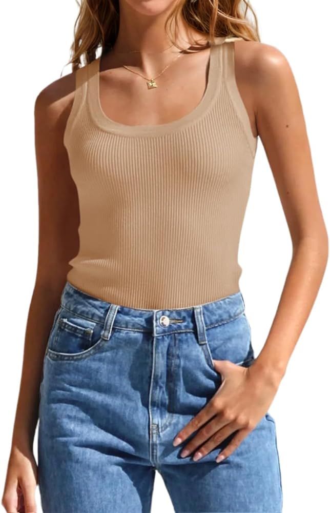 Women Tank Tops Summer Sleeveless: Basic Cami Top Shirt Slim Knit Ribbed Thick Strap Blouses | Amazon (US)