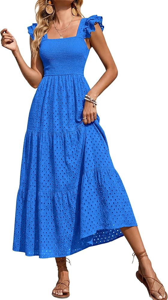 PRETTYGARDEN Womens Summer Square Neck Maxi Dresses Cap Sleeve Eyelet Smocked Tiered A Line Flowy... | Amazon (US)