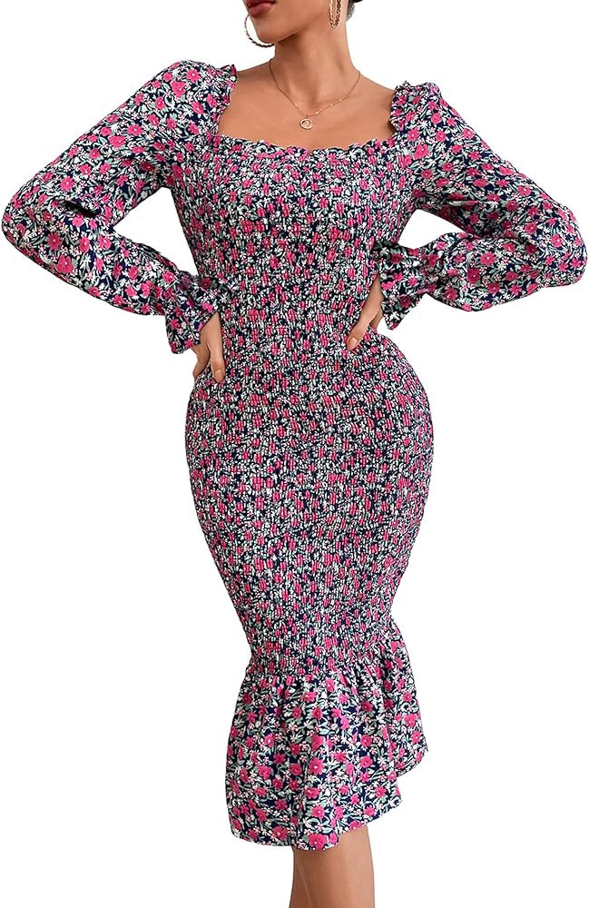 PRETTYGARDEN Women's Long Puff Sleeve Floral Midi Bodycon Dresses Square Neck Ruffle Mermaid Smoc... | Amazon (US)